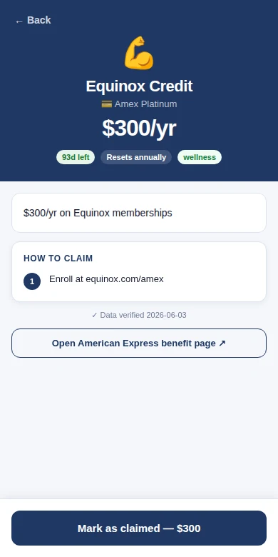 EarnBig benefit detail for the Amex Platinum Equinox credit with How to Claim steps and a Mark as claimed button